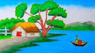 How to Draw a Peaceful Riverside Village Scenery with Oil Pastels | Easy Step by Step
