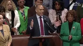 Last 8 minutes of Hakeem Jeffries speech and reaction to finale of filibuster speech in Congress