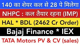 HAL SHARE 💥 NHPC | TATA MOTORS PV CV | BAJAJ FINANCE | IEX | BDL