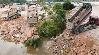 Incredible Excellent Massive Filling Project Dozers And Dump Trucks Constructed Pushing Stone,,