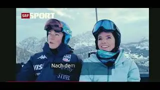 Mikaela Shiffrin little funny Q&A interview before race with Tina Weirather on a Ski Elevator