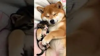 Adorable nap time: puppy cuddles two kittens! #shibainu  #cat #cute #pets #kitten #cutecat