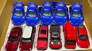 Box Full of Model Red And Blue Cars /Mini Cooper, Audi, Jeep Car, Ferrari, Bmw, Mercedes transporter