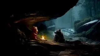 Grizzly Bear and Calm Bear Take Shelter in a Cave at Rain and Thunder