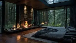 Forest Glass Cabin Ambience | Fireplace Warmth, Deep Woods Night & Calm Sleep Soundscape