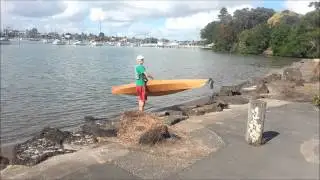 Launching 'Golf Ball' the stich and glue kayak.