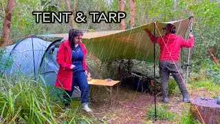 CAMPING IN THE RAIN with TENT and TARP camping in the woods