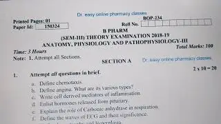 Anatomy physiology and pathophysiology-III BOP 234 2018-19 Previous yr question paper B. Pharm AKTU