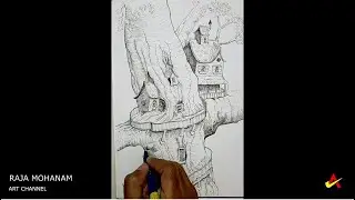 How to draw tree House - Pen Drawing - With Cross hatching