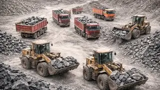 Dumper & Trolley Loading in Mountain Big Stone Very dangerous Work here; With Caterpillar Loadar
