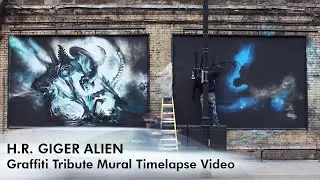 Graffiti H.R. Giger Alien Tribute Mural Timelapse Video : East London