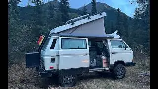 Vanagon camping in the mountains, campfire cooking and gold prospecting.
