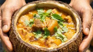 Cooking Pork Stew Inside a Coconut Shell (No Pan, Unusual Method)