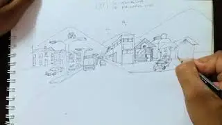 One Point Perspective - A street view in hills #drawing #onepointperspective #pencilart