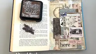 Art journal in an altered book using lots of ephemera, a gelli print, and stamping.