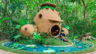 Building a warm survival shelter | Mountain House with clay, grass roof Surrounded by water