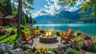 Calm Spring Piano with Campfire 🔥🌸 Birdsong with Lakeside Cabin Ambience