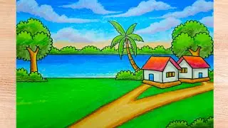 MoonHow to Draw a Beautiful Village Scenery by a Lake || Easy Drawing || Relaxing Music