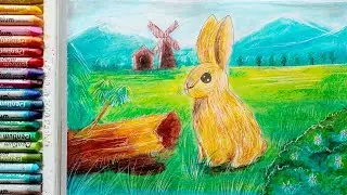 How to draw & color rabbit with beautiful landscape | pastel art by Miu Craft