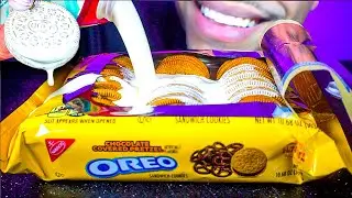 ASMR EATING OREO CHOCOLATE COVERED PRETZEL COOKIES OUT OF THE BOX MILK POUR MOUTH SOUNDS NO TALKING