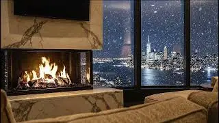 Crackling Fireplace Cozy Snowy NYC Night View  No Music Fire Sounds Only 8 Hours