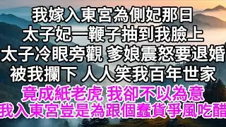 我嫁入東宮為側妃那日，太子妃一鞭子抽到我臉上，太子冷眼旁觀，爹娘震怒要退婚，被我攔下，人人笑我百年世家竟成紙老虎，我卻不以為意，我入東宮，豈是為了跟個蠢貨爭風吃醋 【美好人生】