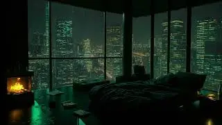 Cozy Rainy Night City Apartment | Fireplace, Window Rain & Green Skyline Ambience for Sleep
