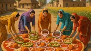 Punjabi Girls Making Giant Chicken Pizza | Village Style Chicken Cutting & Cooking | Tiny World Vlog