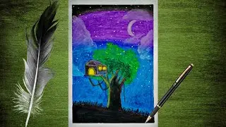 Easy Tree House Drawing With Oil Pastels | Rainbow Galaxy