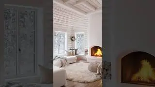 Cozy Winter Cabin with Round Fireplace, Warm Seating & Stunning Snowy Forest Views ❄️🔥
