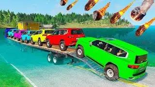Triple Flatbed Trailer McQueen Transportation with Truck - Speedbumps car crash - BeamNG drive 