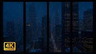 Snowy New York City Night Window View 4K ❄️ Calm Snowfall, Wind Sounds & City Ambience for Projector