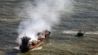 Moment cargo ship crashes into oil tanker in North Sea