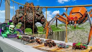 ALL MONSTERS Big & Small Cars vs jump across the bridge with Mcqueen Spider & CAR EATER BeamNG.Drive