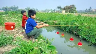 Fishing Video || Expert skilled boys is fishing in the village canal using four hooks || Fish Trap
