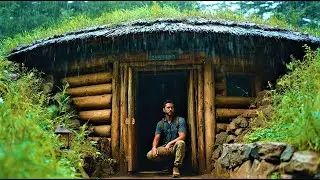 7 Days Bushcraft: Building a Warm Winter Shelter with Mud Roof & Stone Wall