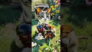 A curious cat spots a buzzing bee, eyes wide with wonder Nature's tiniest meeting&mdash;fluffy paws meet