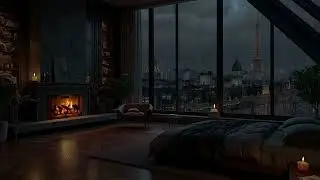 Late Night Rain in NYC Apartment☔Fire Crackling Ambience with City Lights& Thunder for Sleep & Study