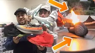GLOWING KNIFE VS $100,000 SHOE COLLECTION! (FLAMETHROWER CHALLENGE VS NEW YEEZY BONUS EXPERIMENT)