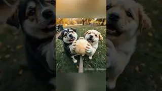 Two puppies are holding a ball in the park and it is crying. #puggles #pupsicle #puppers #happypup