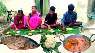 Village cooking by tribe family Prepair GRASS carp fish curry with Cauliflower