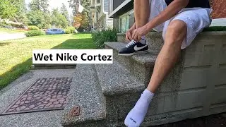 Taking off wet Nike Cortez and Nike Socks