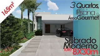 CASA MODERNA COM 165M² - LOTE 8M X 30M - 3 QUARTOS E PISCINA