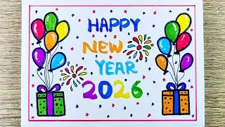 Happy new year drawing | Easy new year drawing | New year card drawing | Easy card drawing