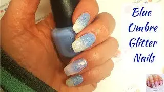 Blue and White Ombre Glitter Nails Tutorial using regular nail Polish and Hard Gel