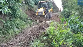 Hilly Narrow Passage-Landslide Blocked Road-Backhoe Loader-Clearing Mudslide Dirt