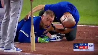 Blue Jays' George Springer hit hard in head by pitch, has to leave game vs. Orioles