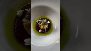 &ldquo;amuse bouche&rdquo;Pan seared scallop , beetroot gel , olive tapenade, crispy potato and basil oil.