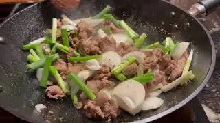 Говяжья вырезка Бульгоги на чугунной сковороде в воке:) приготовление в помещении