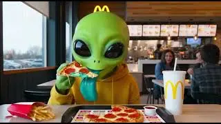 Alien eat pizza in mcdonald restaurant